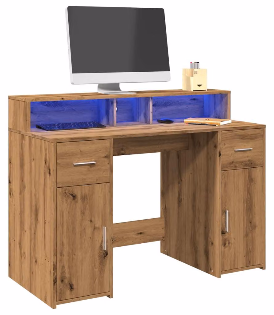 Scrivania - Tavolo da lavoro - Scrivania - Arredamento per ufficio - Finitura in legno di quercia - Illuminazione LED RGB
