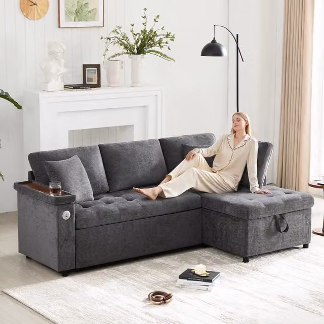 Divano angolare convertibile in chenille con funzione letto, contenitore, USB e portabicchieri per soggiorno grigio scuro