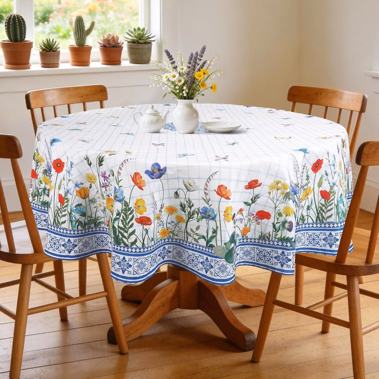 Tovaglia rotonda, con motivo floreale blu, 178 x 178 cm, idrorepellente, ideale per la cucina