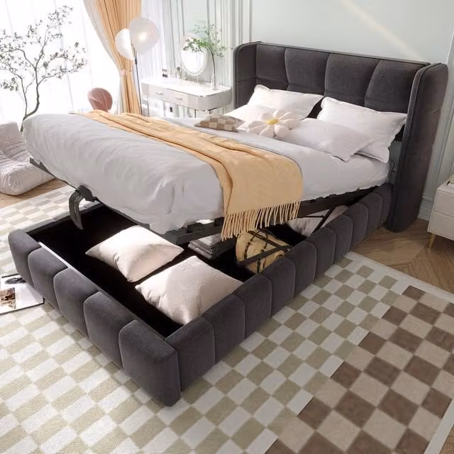 Letto imbottito singolo contenitore ¨C Minimal ¨C Grigio tessuto 90x200cm con rete a doghe