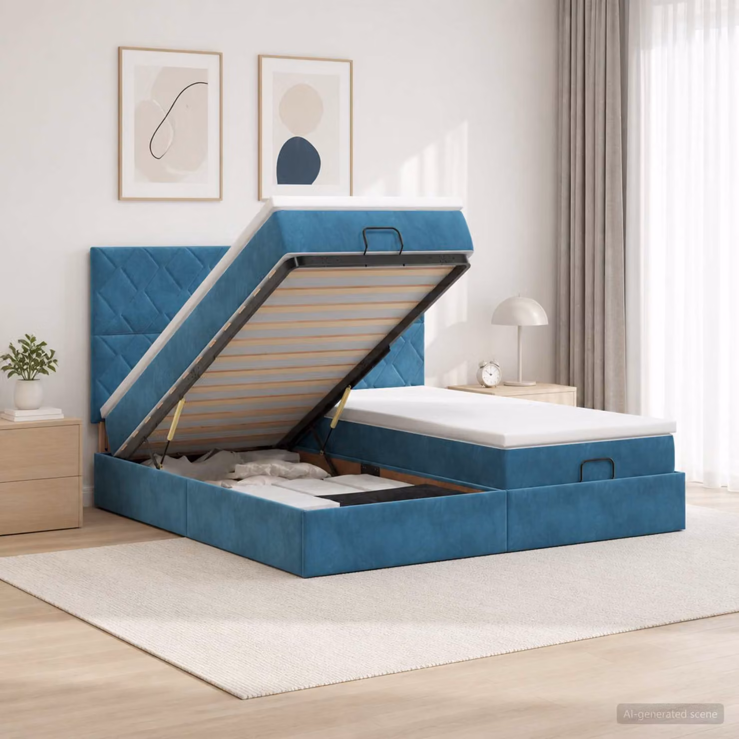 Letto ottomano con materasso 2 pz vidaXL in velluto blu scuro con base a sollevamento L/P/H: 200 x 200 x 88 cm