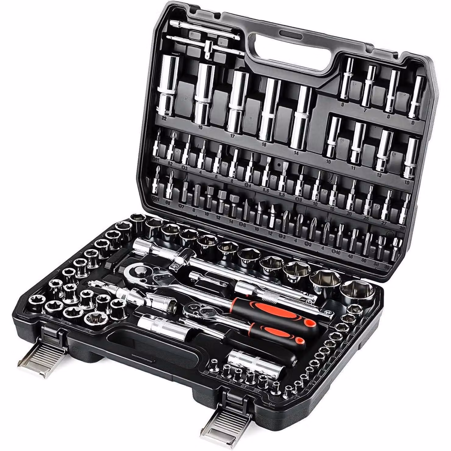 Set di chiavi a bussola da 108 pezzi in acciaio cromo-vanadio, con cassetta portachiavi, con meccanismo a cricchetto a 72 denti da 1/4" e 1/2", ideale per auto, moto, biciclette e uso domestico