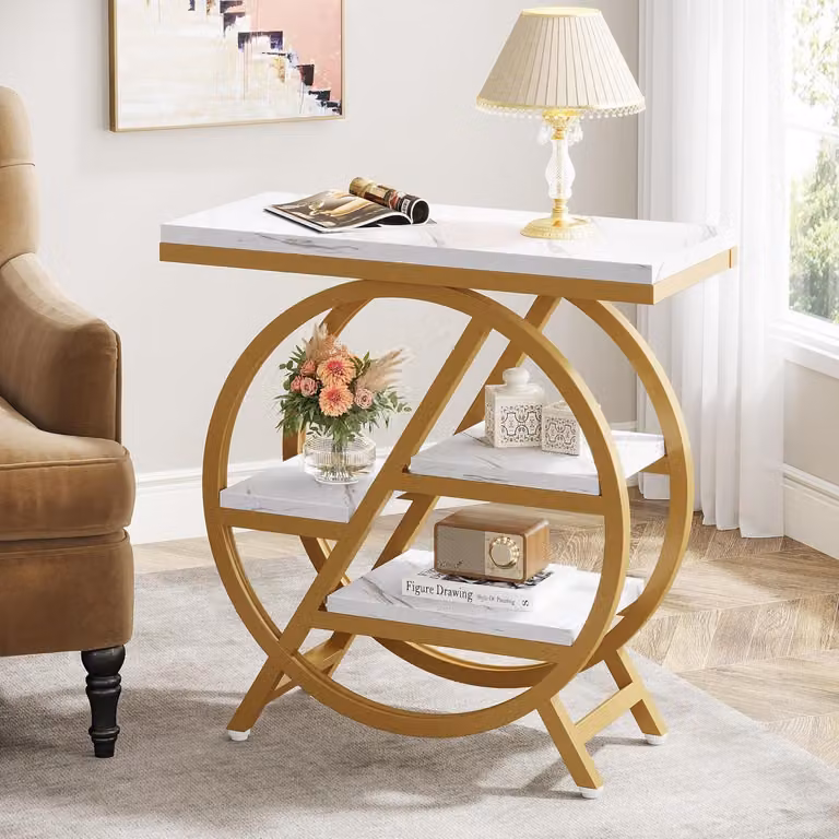Tavolino laterale a 3 ripiani, in legno bianco e oro, dimensioni 65 x 30 cm, con spazio contenitivo