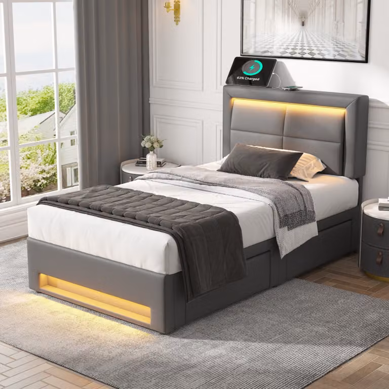 Letto imbottito, letto per bambini, 90 x 200 cm, con porta USB, illuminazione LED e 4 cassetti, completo di materasso, colore grigio