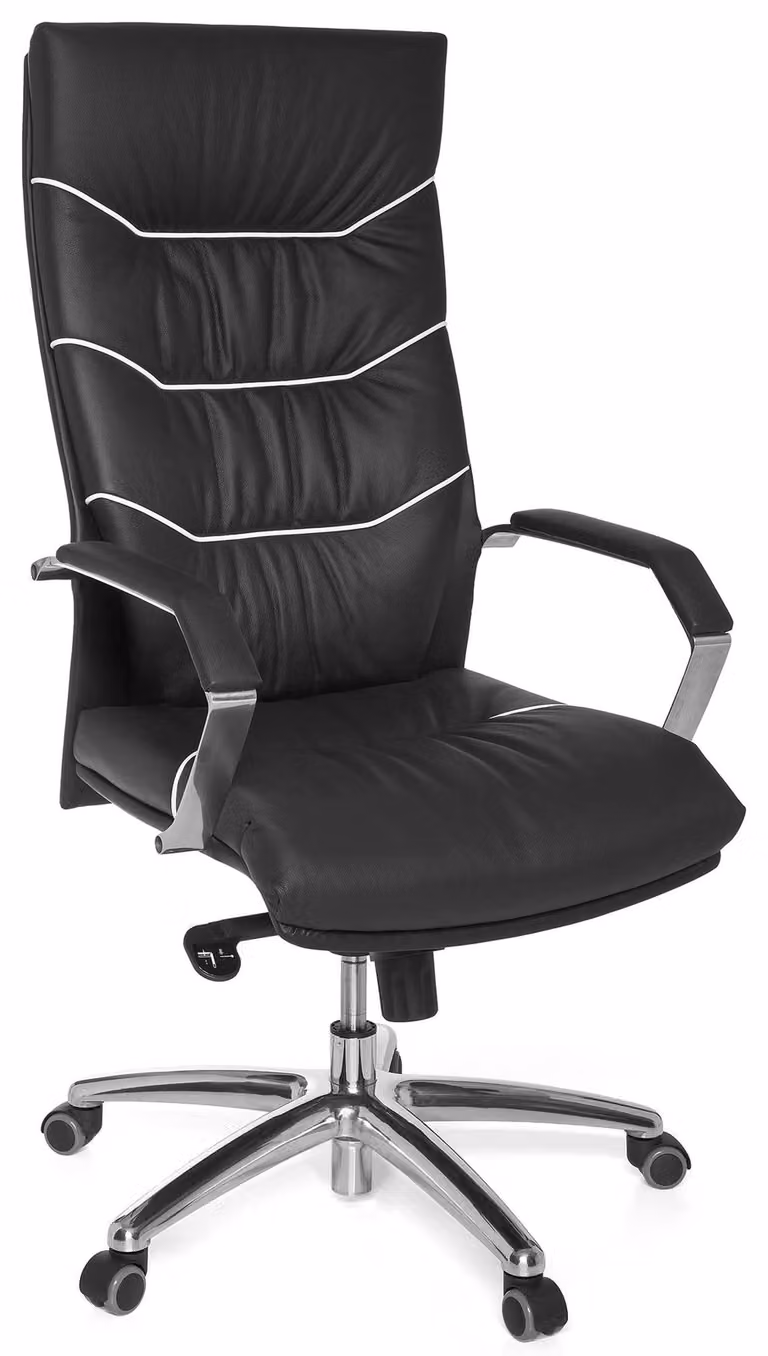Sedia da ufficio in pelle nera, schienale alto ed ergonomica, larghezza 55 cm, struttura in metallo, adatta per adulti