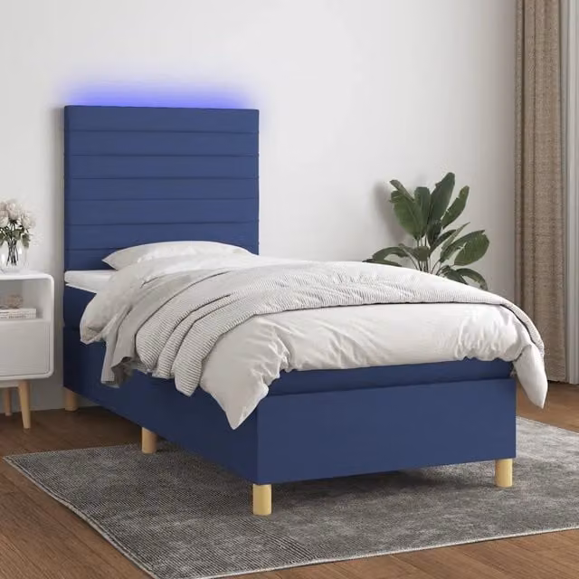 Letto a molle con materasso vidaXL in tessuto blu e bianco con illuminazione LED sottostante e porta USB, L/P: 100 x 200 cm