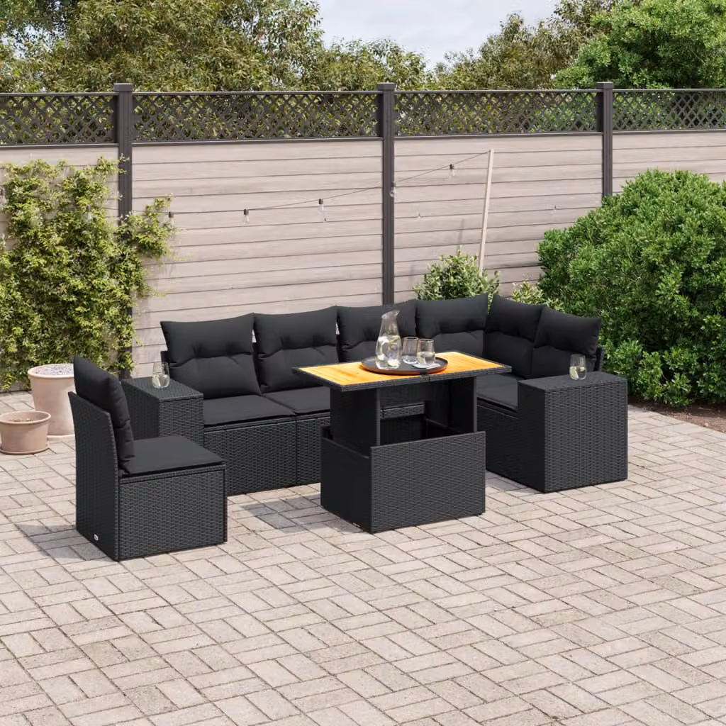 vidaXL Set Divano da Giardino a L con Cuscini 7pz Nero in Polyrattan e Legno di Acacia – 1