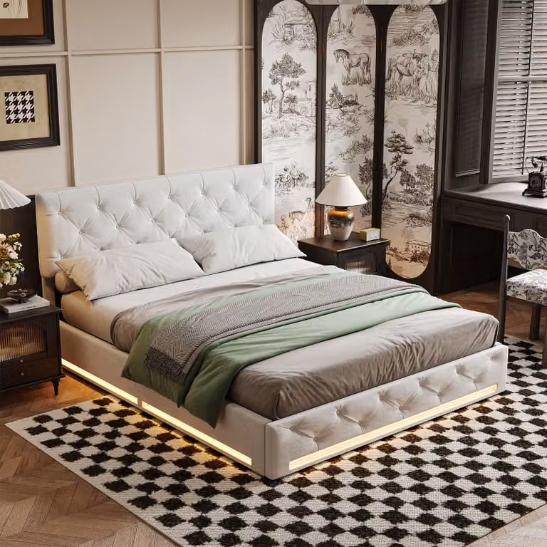 UnboxG Letto imbottito con LED 160x200cm, letto a molle idrauliche con rete a doghe e testata, letto matrimoniale contenitore, velluto, beige