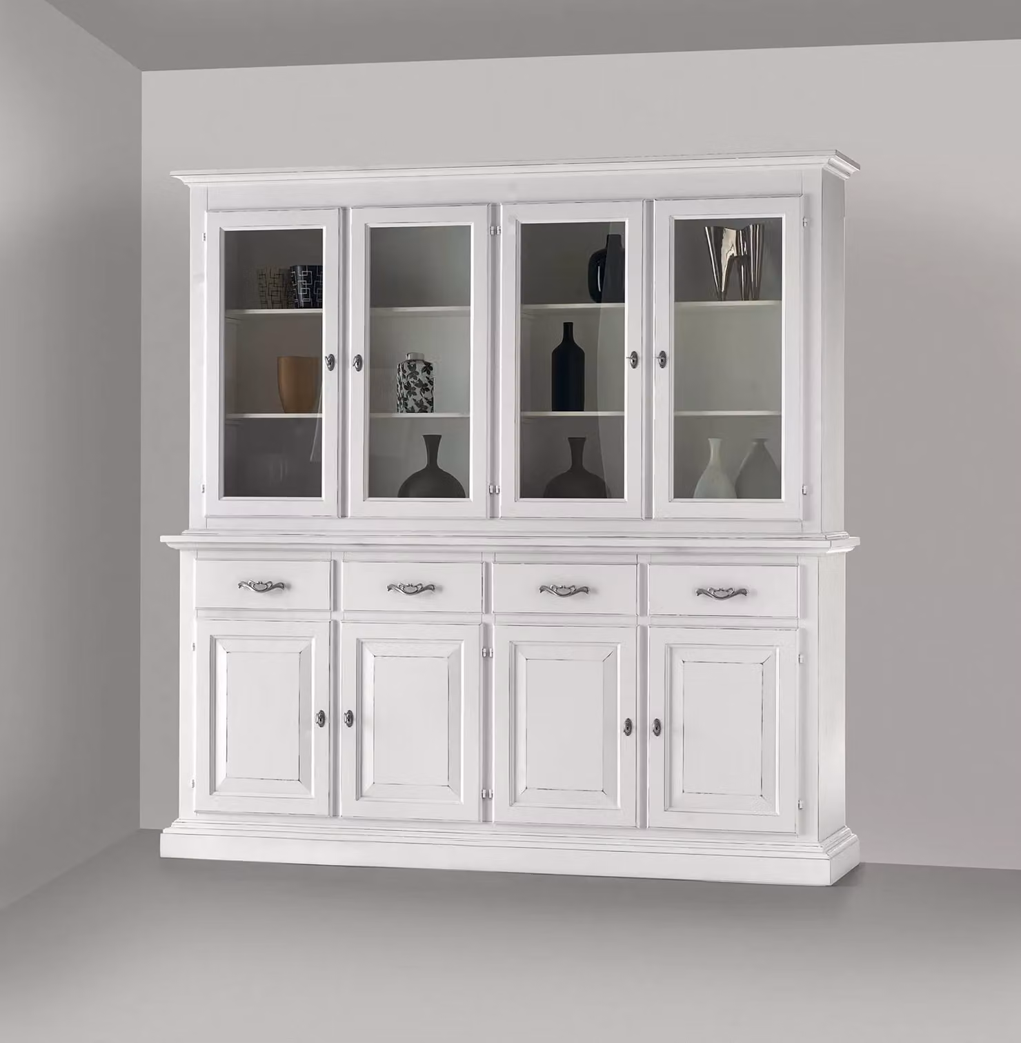 Cristalliera shabby chic Mobili 2G in legno e vetro con ante in vetro, colore bianco, L: 222 cm, P: 51 cm, H: 226 cm – 2