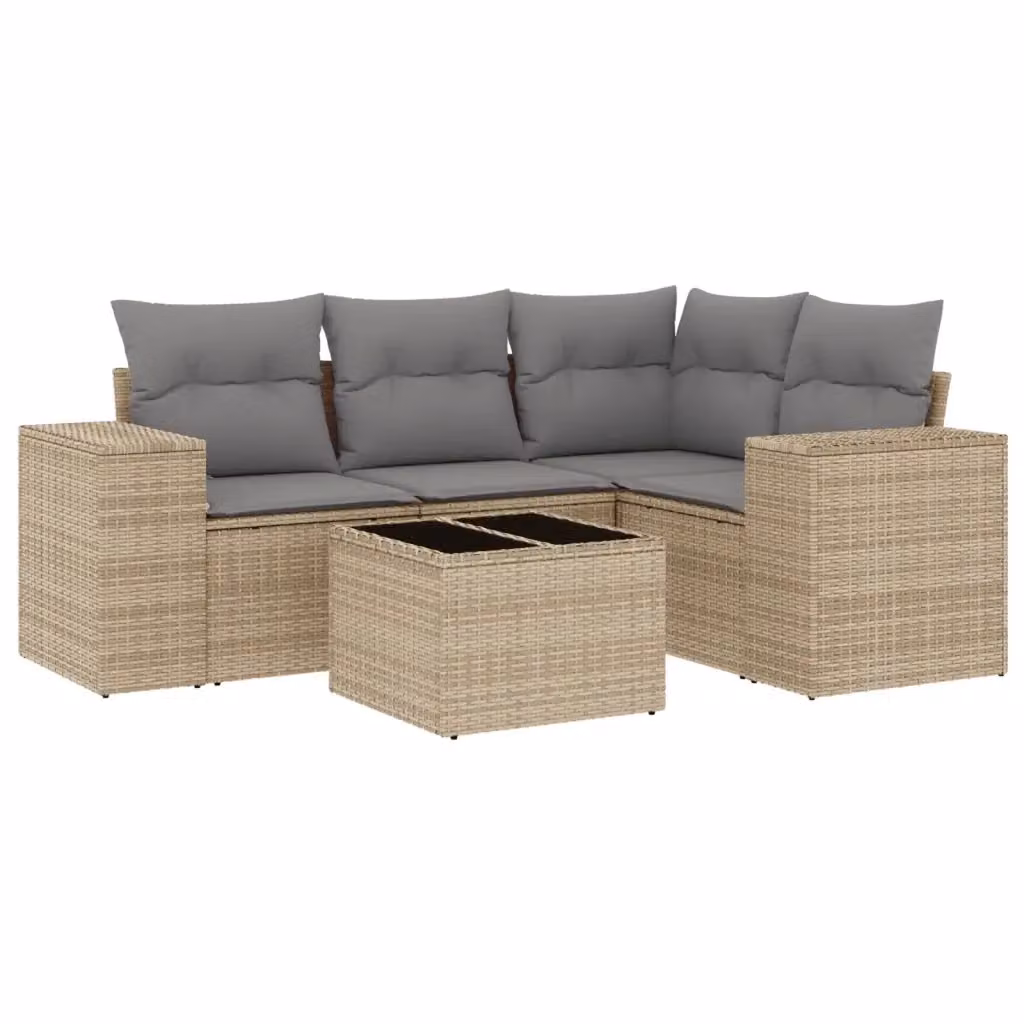 vidaXL Set Divano da Giardino a L 5 pz con Cuscini Beige e Tavolino in Vetro – 2