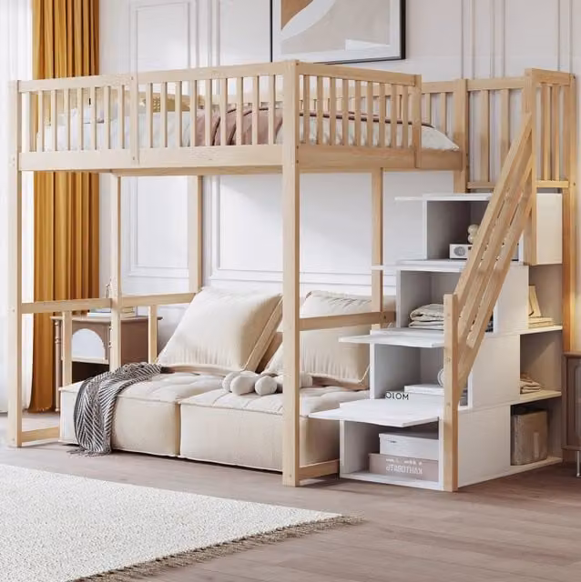 Letto a soppalco REDOM in legno di pino colore marrone con scala contenitore e scomparti laterali L/P/H: 200 x 140 x 147 cm