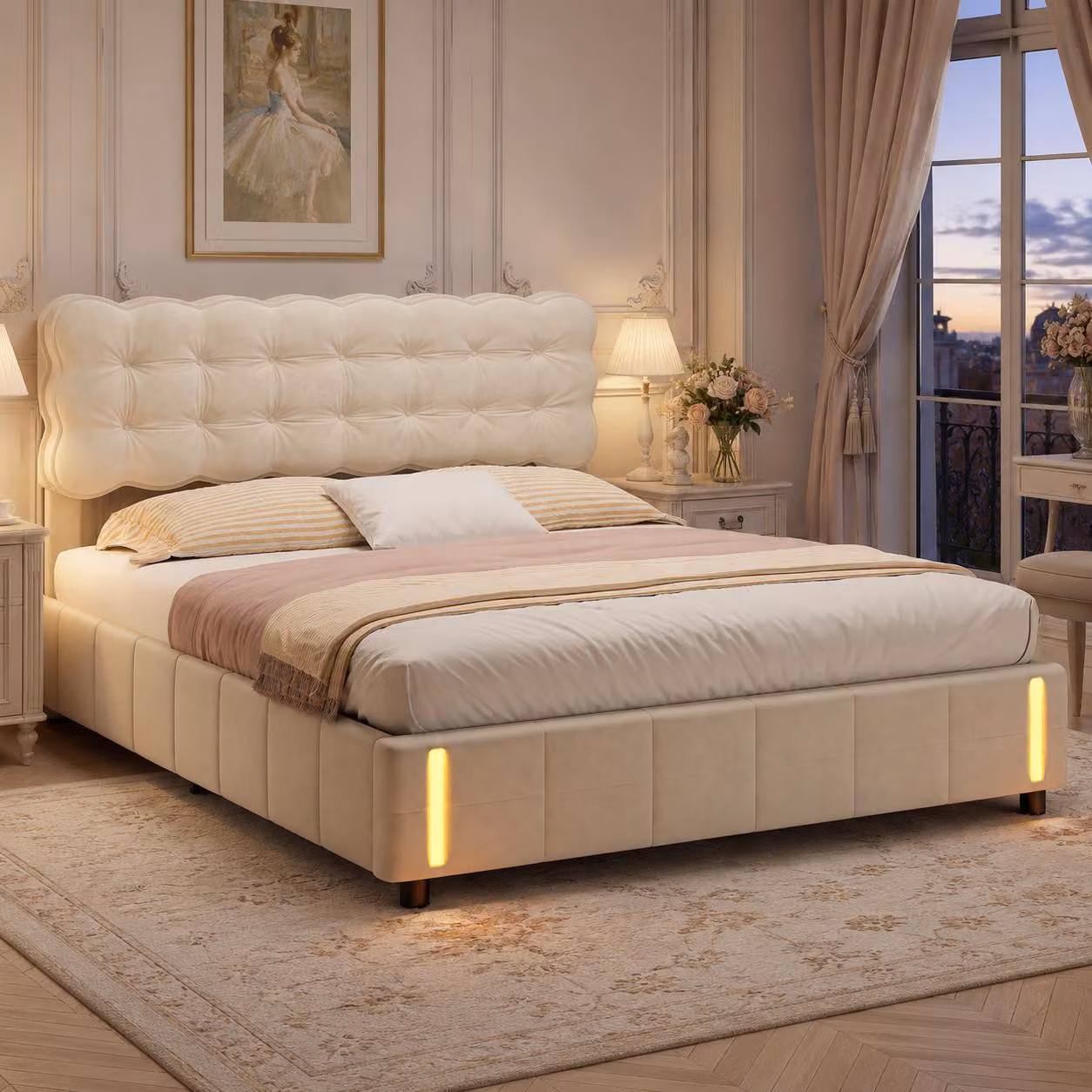 Letto matrimoniale con boxspring, dimensioni 160x200 cm, dotato di illuminazione LED a induzione, imbottito con sistema idraulico per lo spazio contenitivo, adatto anche per giovani, con rete a doghe e contenitore, rivestito in velluto color beige