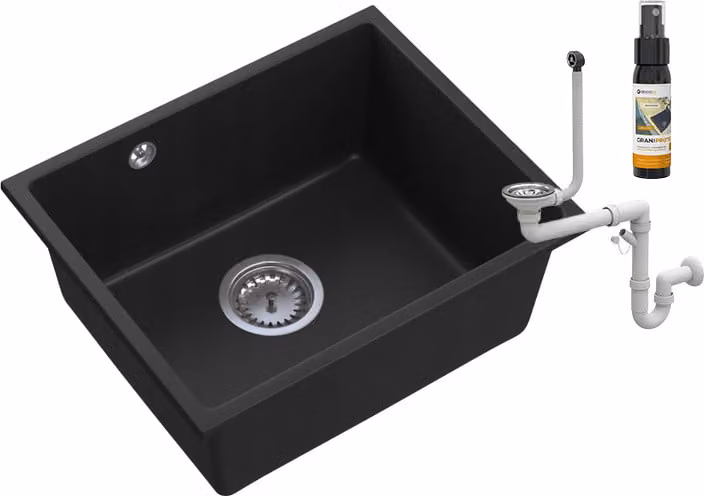 Granitan - Lavello in granito - Lavandino 46x37,5 cm - Lavello cucina nero - con sifone - MANADO