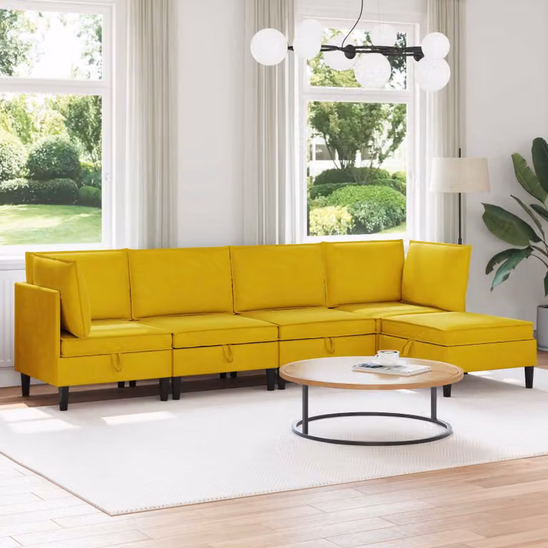 Set di mobili per il soggiorno vidaXL in velluto giallo composto da 5 pezzi con divano angolare a L, divano a 2 posti, pouf e cuscini coordinati