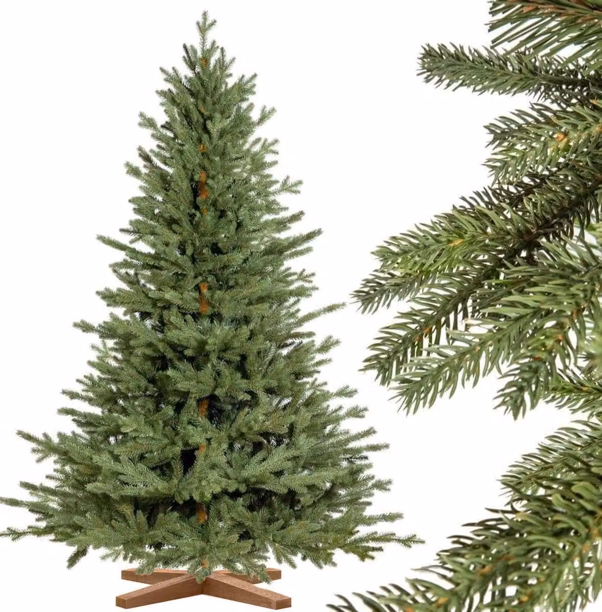 FAIRYTREES Albero di Natale artificiale 150cm Abete Bavarese Premium con supporto in legno | Prodotto in EU | Facile da Montare