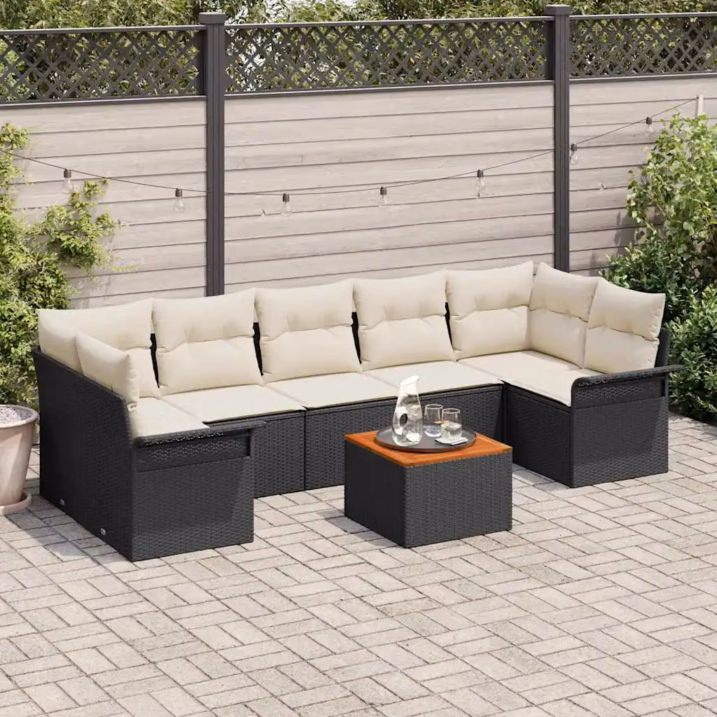 Set Divano da Giardino vidaXL 8 Pezzi in Polyrattan Nero con Cuscini e Tavolino da Esterno – 1