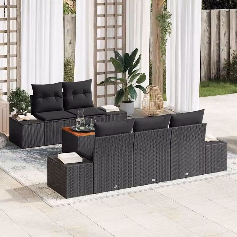 Set Divano da Giardino con archiviazione 6 pcs Nero polyrattan