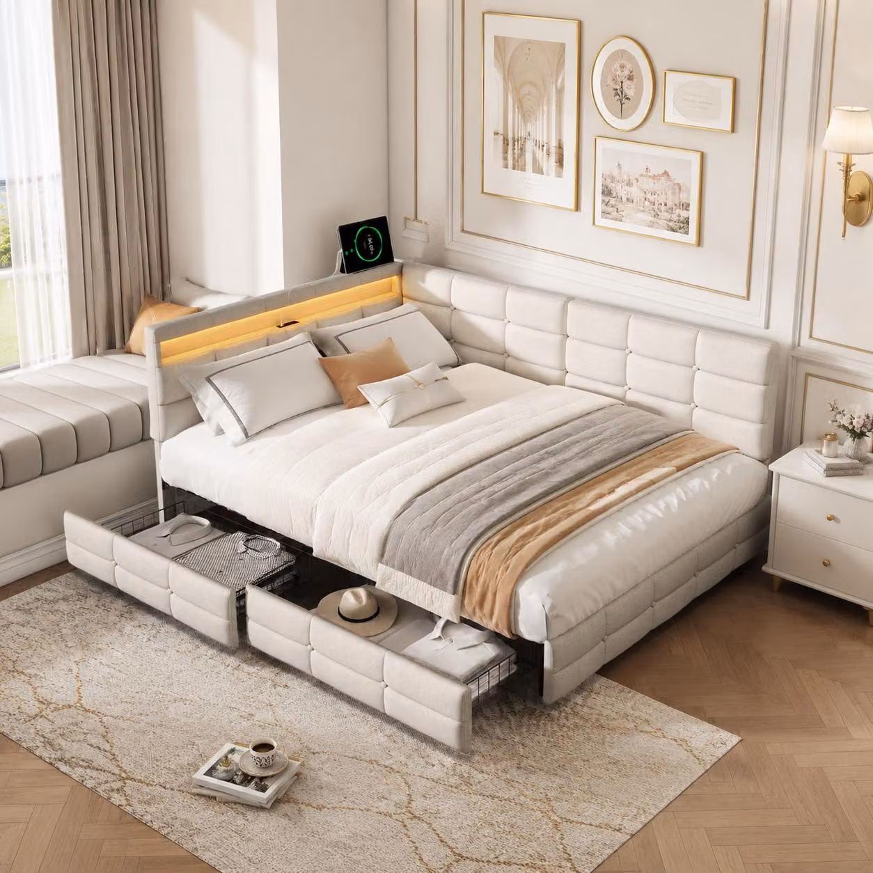 Letto imbottito INONEFT, 140 x 190 cm, modello a L con spazio contenitivo, letto matrimoniale con LED e USB, letto per ragazzi con rete a doghe e 2 cassetti, rivestito in lino, colore beige