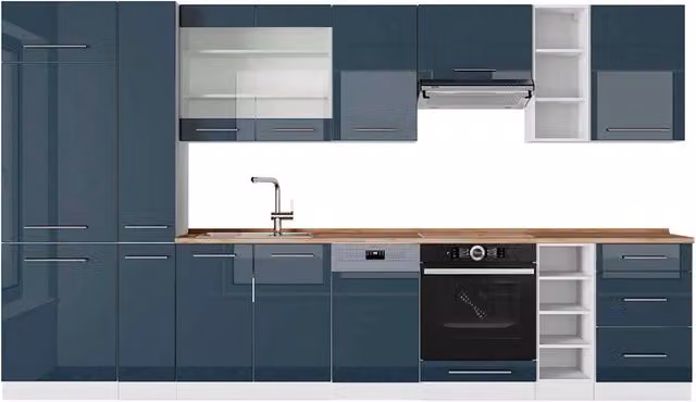 Cucina componibile moderna Fame-Line Vicco Blu scuro lucido e Bianco con piano in Rovere, L: 355 cm