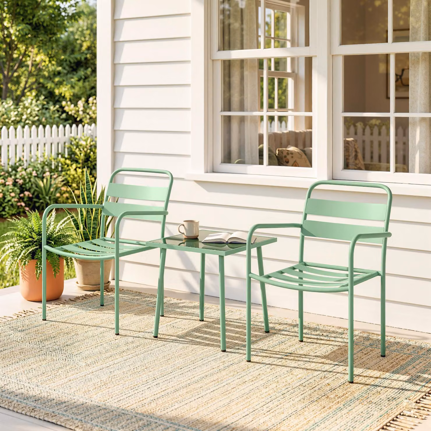 Set da Giardino Outsunny 3 Pezzi con Tavolo in Vetro Temperato e 2 Sedie a Doghe in Acciaio Zincato Verde – 2
