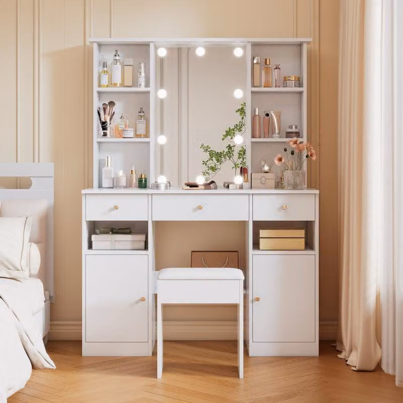 Grande toletta, tavolino da trucco con illuminazione a LED regolabile, bianco