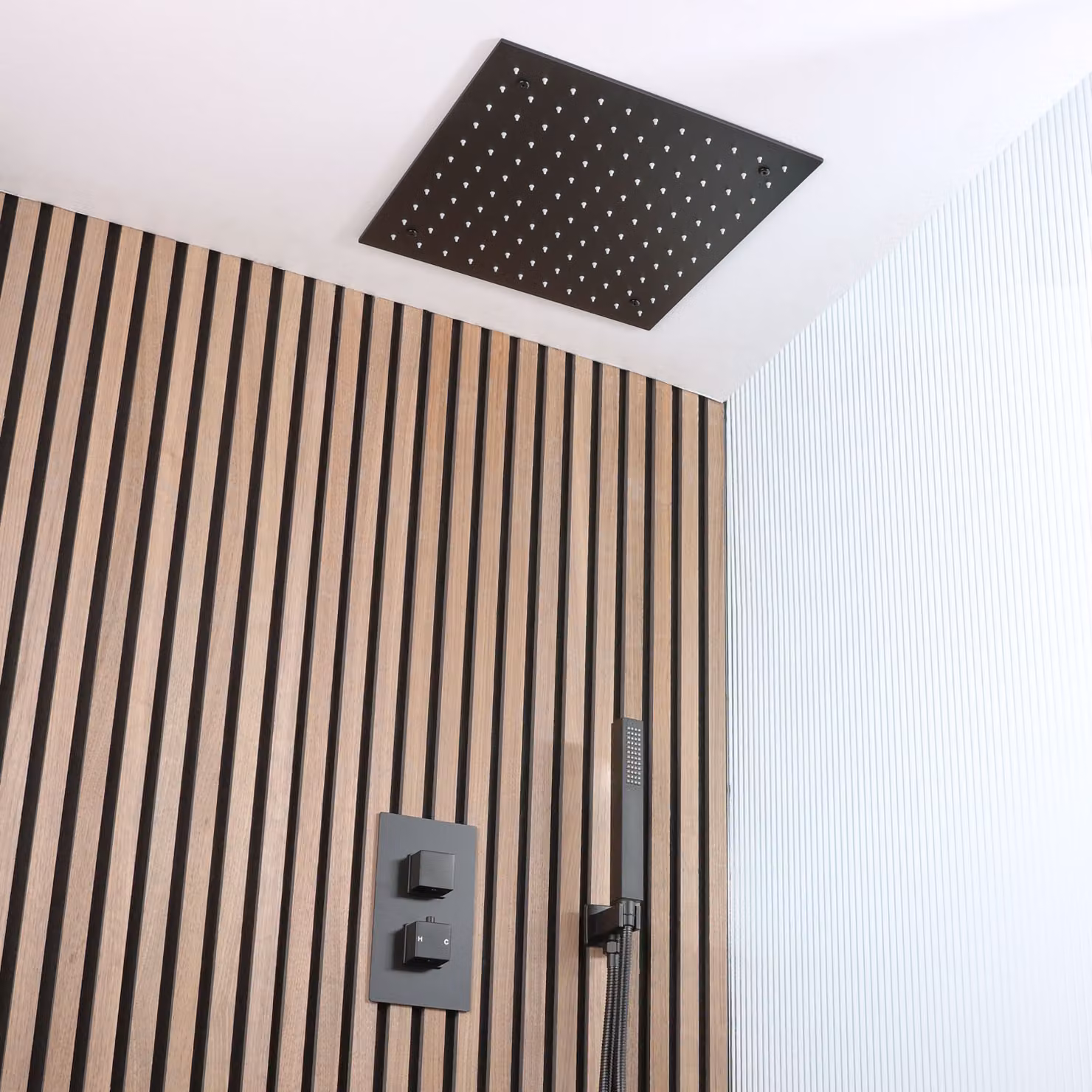 Sistema Doccia con Miscelatore Termostatico con Deviatore, Soffione da Incasso da 400mm e Doccetta (2 Vie) - Nero - Preto