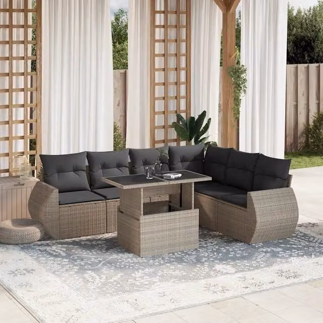 Set da giardino vidaXL composto da 7 pezzi con cuscini in polyrattan colore grigio antracite – 1