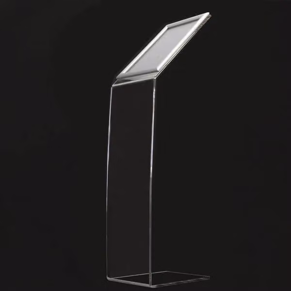 Leggio in plexiglass trasparente con base a L e cornice a scatto per fogli A4 in verticale Top Eventi Store