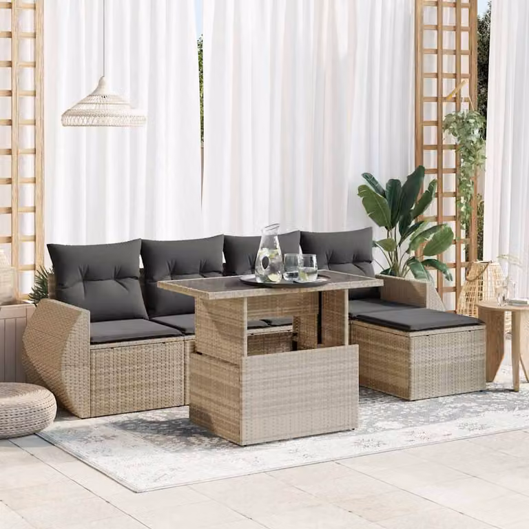 Set Divano da Giardino L-Shape vidaXL in Polyrattan Grigio con 6 Pezzi e Cuscini
