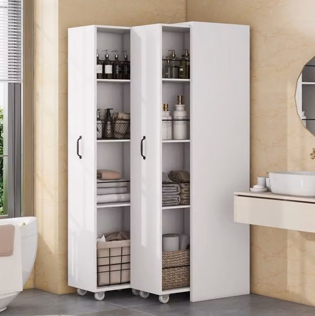Libreria estensibile bianca in MDF con ruote, 4 ripiani