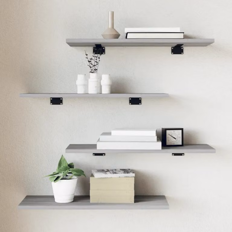 Set di 4 mensole da parete vidaXL in legno multistrato, colore grigio Sonoma, L 60 cm x P 20 cm x H 1,5 cm