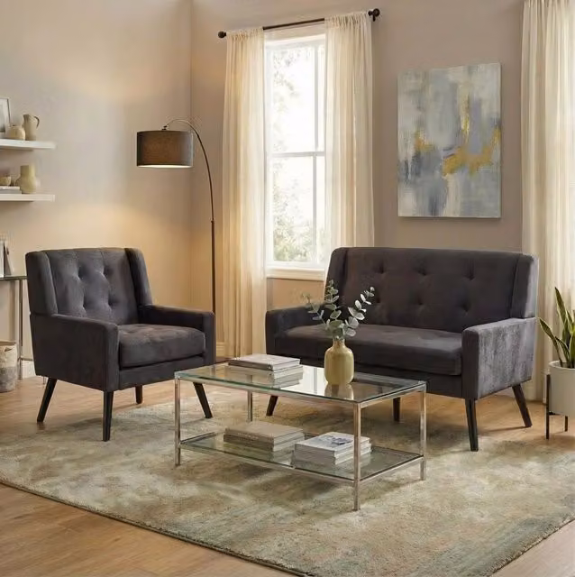 Set di 2 Poltrone Accent in Tessuto Durevole con Imbottitura in Schiuma Ad Alta Densità e Gambe in Legno Massello con Protezioni per Pavimenti