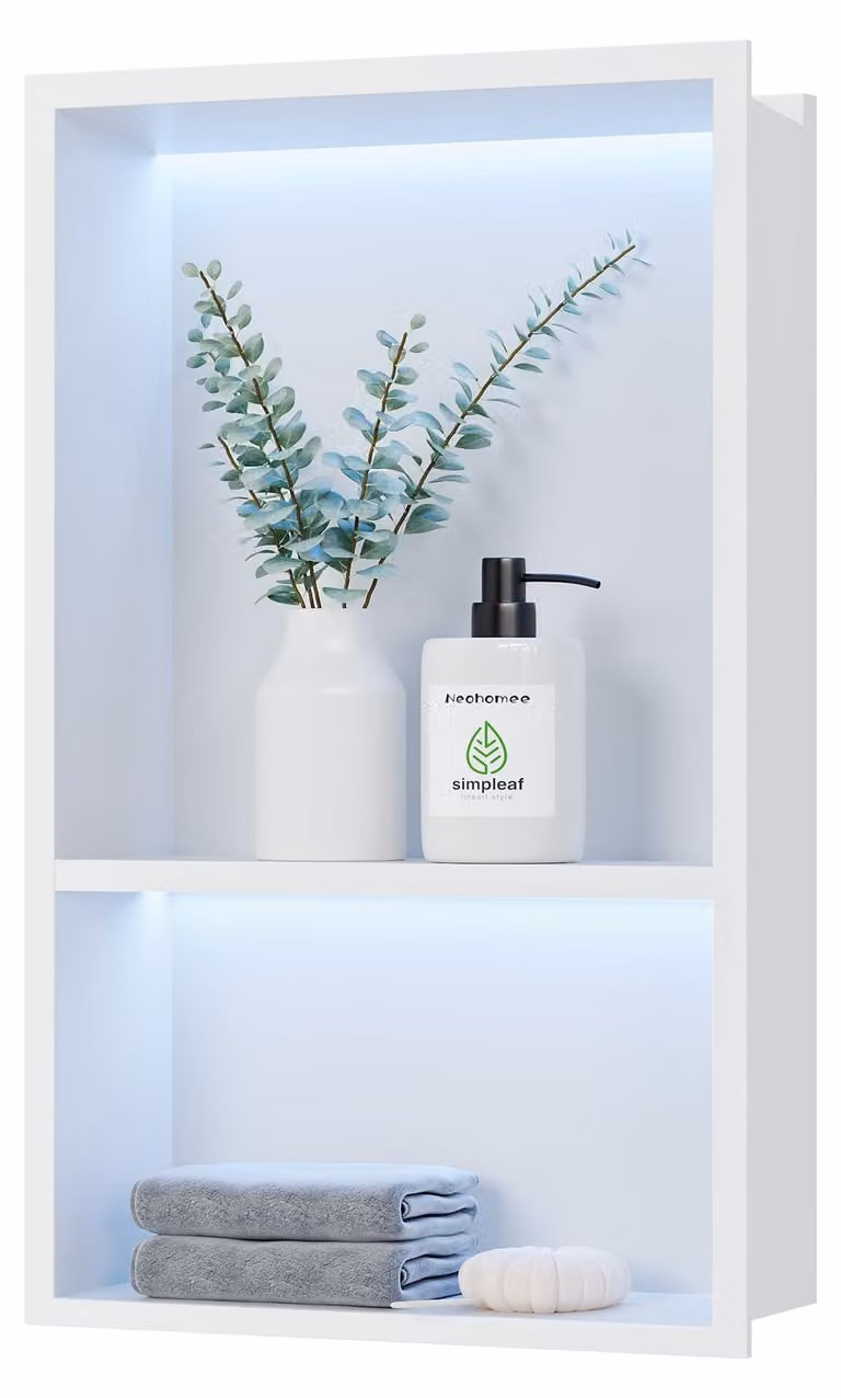 Nicchia a parete in acciaio inossidabile con LED RGB, doppio ripiano, 45x30 cm, colore bianco
