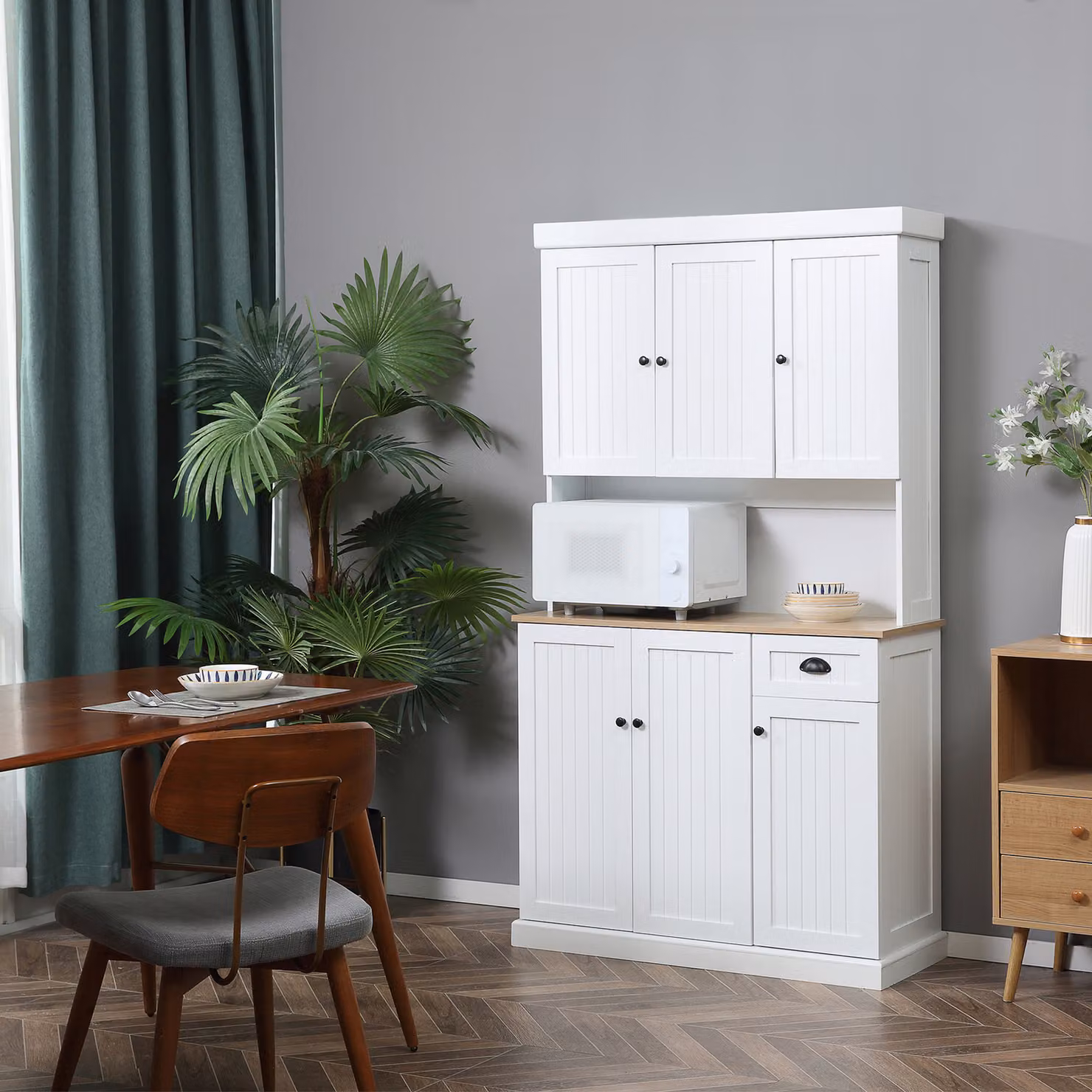 Dispensa da cucina mobile HOMCOM in legno stile country con armadietti e cassetti, Bianco, L: 101 cm, P: 39 cm, H: 180 cm – 2
