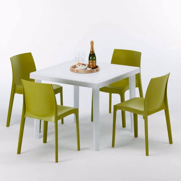 Tavolo quadrato bianco e 4 sedie Set di bastoni da esterno in polipropilene colorato Grand Soleil Rome Love - Verde Anis