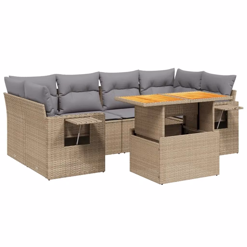vidaXL Set Divani da Giardino 7 pz a Forma a L in Polyrattan con Cuscini Beige e Grigio – 2