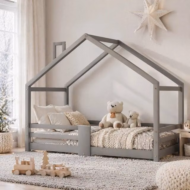 Letto a casetta Mivray per bambini in legno di pino grigio con barriera anticaduta e rete a 15 doghe L/P/H: 209 x 90 x 120 cm