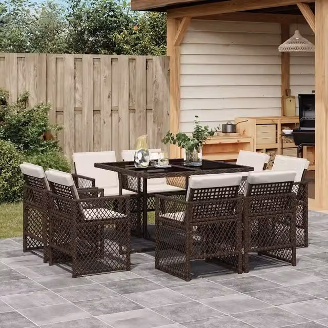 Set da Pranzo da Giardino 9pz con Cuscini Marrone in Polyrattan 3210837