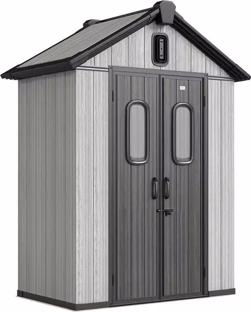 Capanno da giardino Outsunny in plastica grigia con doppie porte bloccabili e finestra, L/P/H: 160 x 98 x 217 cm