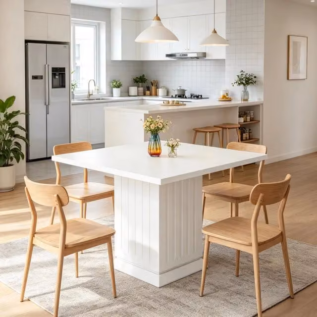 Tavolo da pranzo quadrato Mivray bianco moderno con base a colonna centrale in legno laccato