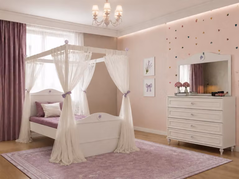 Letto a baldacchino, cassettiera, specchio, bianco, legno, tessuto, vetro, camera da letto