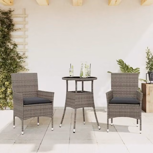 Set da pranzo da giardino moderno vidaXL in polyrattan grigio con tavolo in vetro e 3 sedie con cuscini