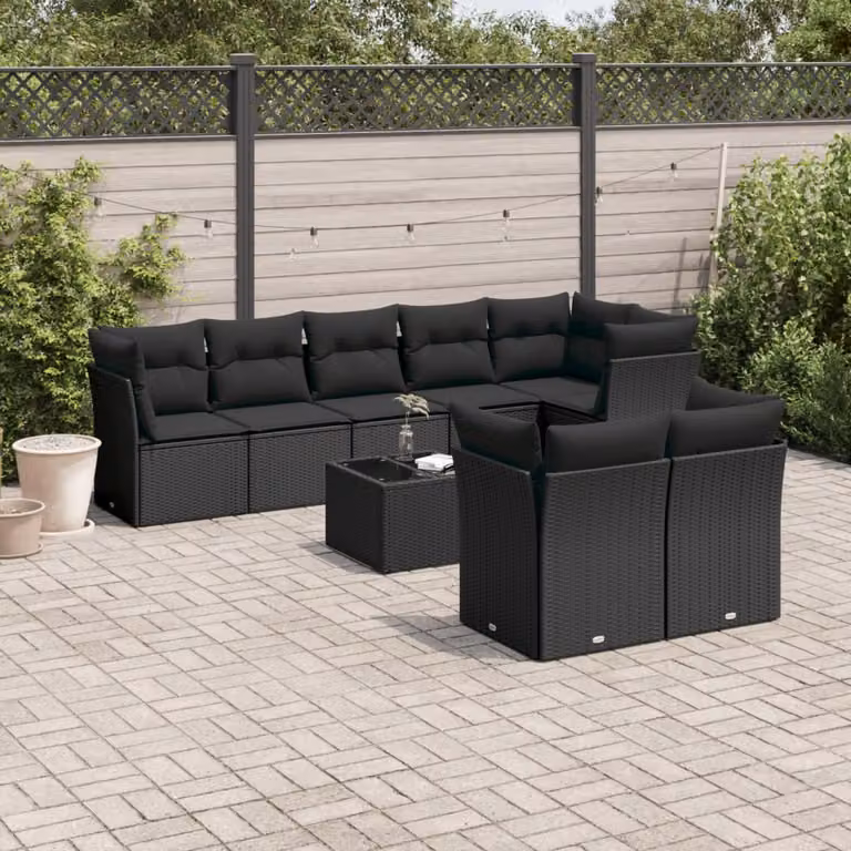 vidaXL Set Divani da Giardino a Forma di U 9 pz in Polyrattan Nero con Cuscini e Tavolino da Esterno