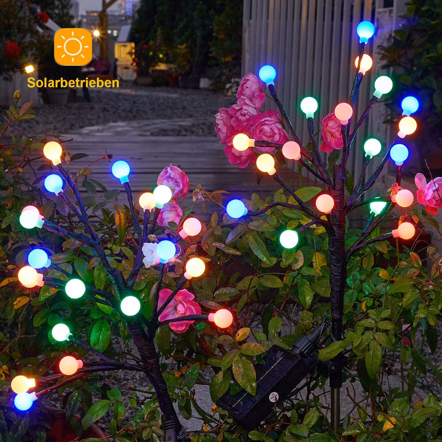 2 pezzi illuminazione solare giardino impermeabile telecomando timer terra picco, lampada solare all'aperto IP65 20 lampadine LED sensore crepuscolare, decorazione cortile balcone, colorato