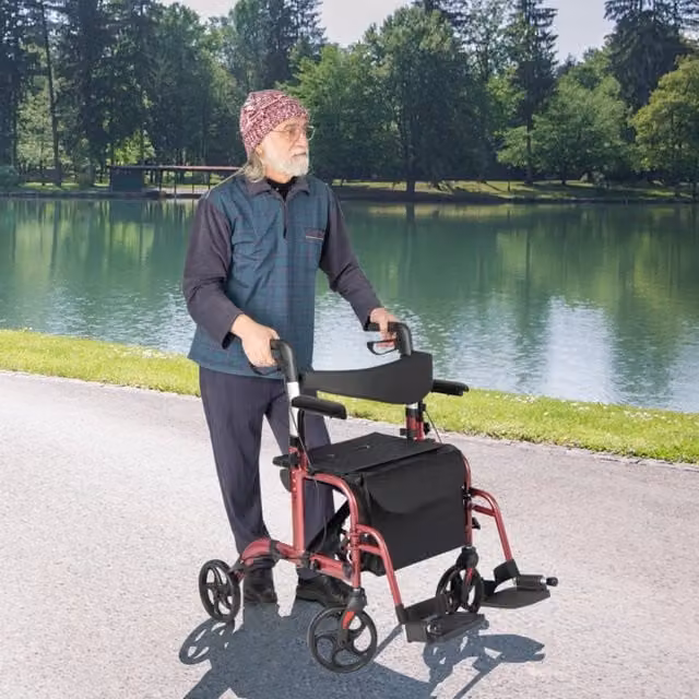 Deambulatore 2-in-1 con ausilio per camminare pieghevole e sedile grande, Deambulatore porta ombrello e borsa per persone con disabilit¨¤ Rosso