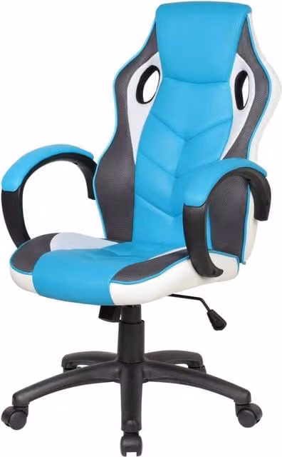 Sedia da gaming Urbana DMORA per adulti, poltrona da scrivania con braccioli e poggiatesta, Azzurro e Bianco, L: 66 cm, P: 61 cm, H: 104/114 cm