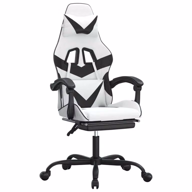 Sedia da Gaming con Poggiapiedi Bianco e Nero in Pelle finta