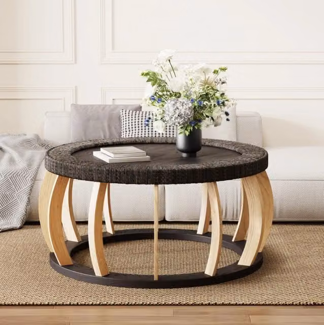 Tavolino da caffè rotondo MODFU in legno e rattan, nero e marrone, L/P/H: 90 x 90 x 43 cm