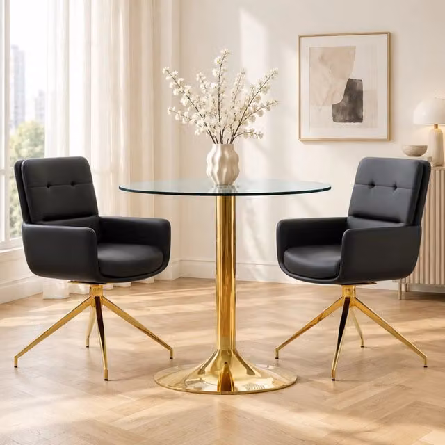Set da pranzo Mivray composto da tavolo rotondo in vetro temperato e 2 sedie girevoli in metallo e PU, colori nero e oro, Diametro: 85 cm