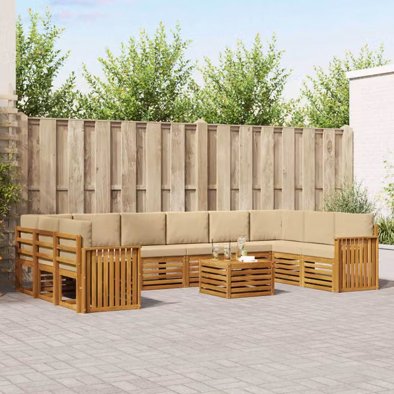 Set di divani da esterno vidaXL 11 pezzi in legno di acacia con cuscini beige e marrone per giardino e terrazza